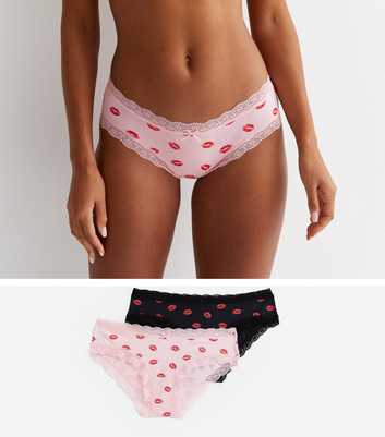 2 Pack Pink and Black Lips Print Short Briefs