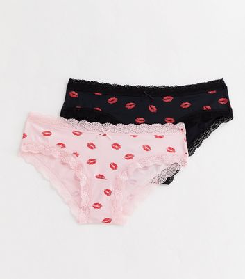 2 Pack Pink and Black Lips Print Short Briefs New Look