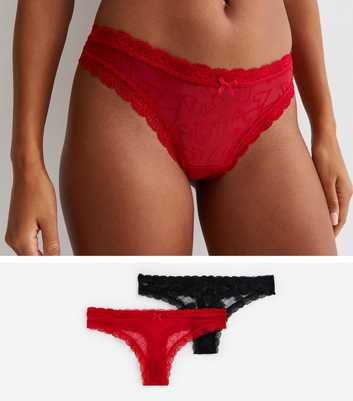 2 Pack Black and Red Flocked Heart Print Lace Thongs
