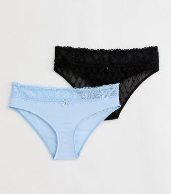 2 Pack Blue and Black Flocked Lace Waist Briefs New Look