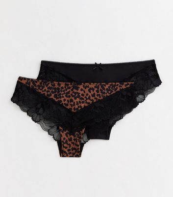 2 Pack Black and Animal Print Lace Short Briefs New Look