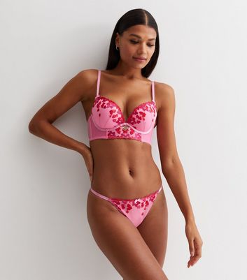 Pink Heart Print Embroidered Bra New Look