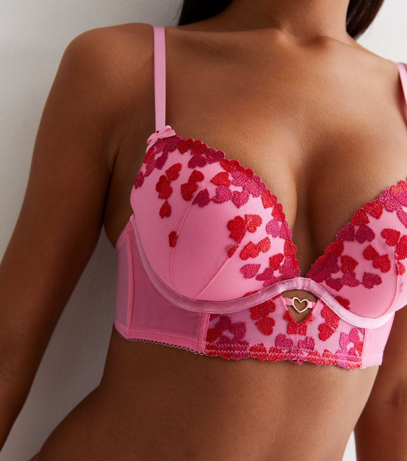 Pink Heart Print Embroidered Bra Image 3