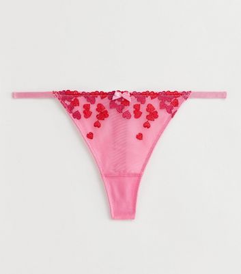 Pink Heart Print Embroidered Bow Detail Thong New Look