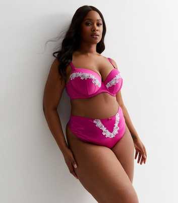 Curves Mid Pink Satin Embroidered Trim High Waist Thong