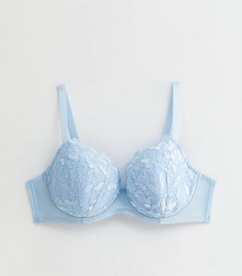 Curves Pale Blue Floral Embroidered Plunge Bra New Look