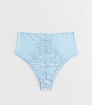 Curves Pale Blue Floral Embroidered High Waist Brazilian Briefs New Look