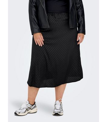 ONLY Curves Black Stripe Sateen Midi Skirt New Look
