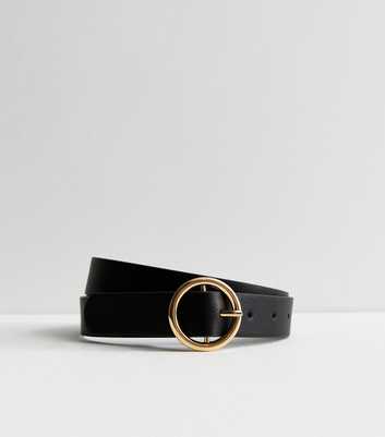 PIECES Black Leather-Look Circle Buckle Belt