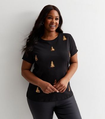 ONLY Curves Black Sequin Christmas Tree Logo T-Shirt New Look