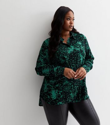 Curves Green Leopard Print Long Shirt