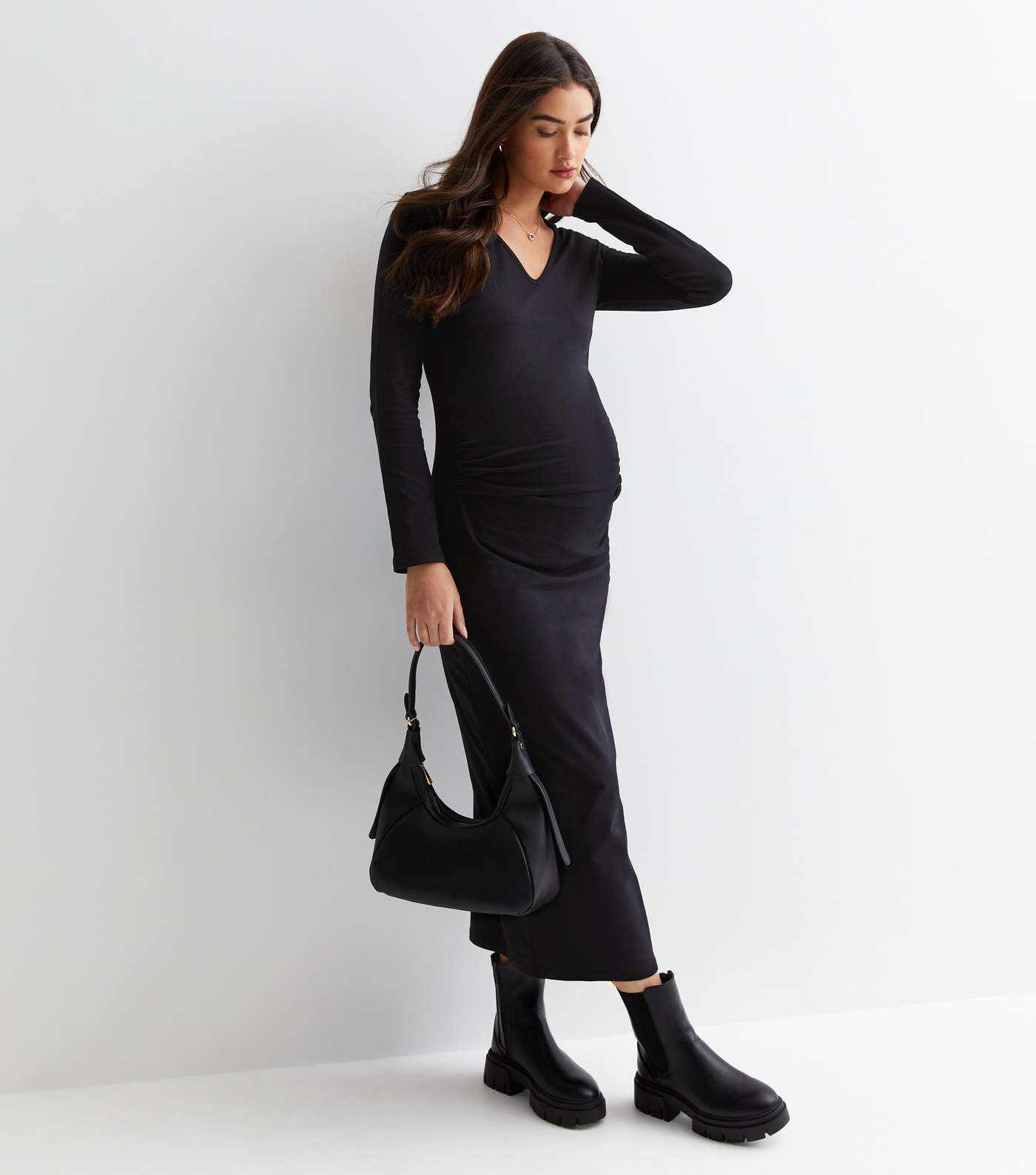 Maternity Black Jersey V Neck Midi Dress Image 3