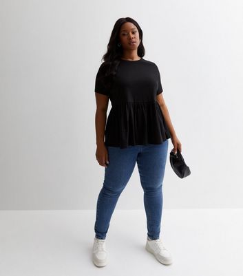 Curves Black Cotton Short Sleeve Peplum Top New Look