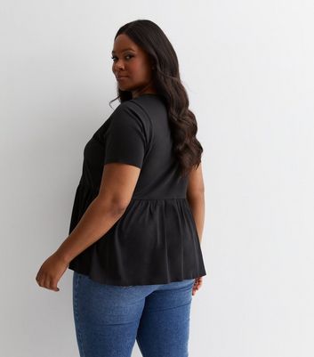 Curves Black Cotton Short Sleeve Peplum Top New Look