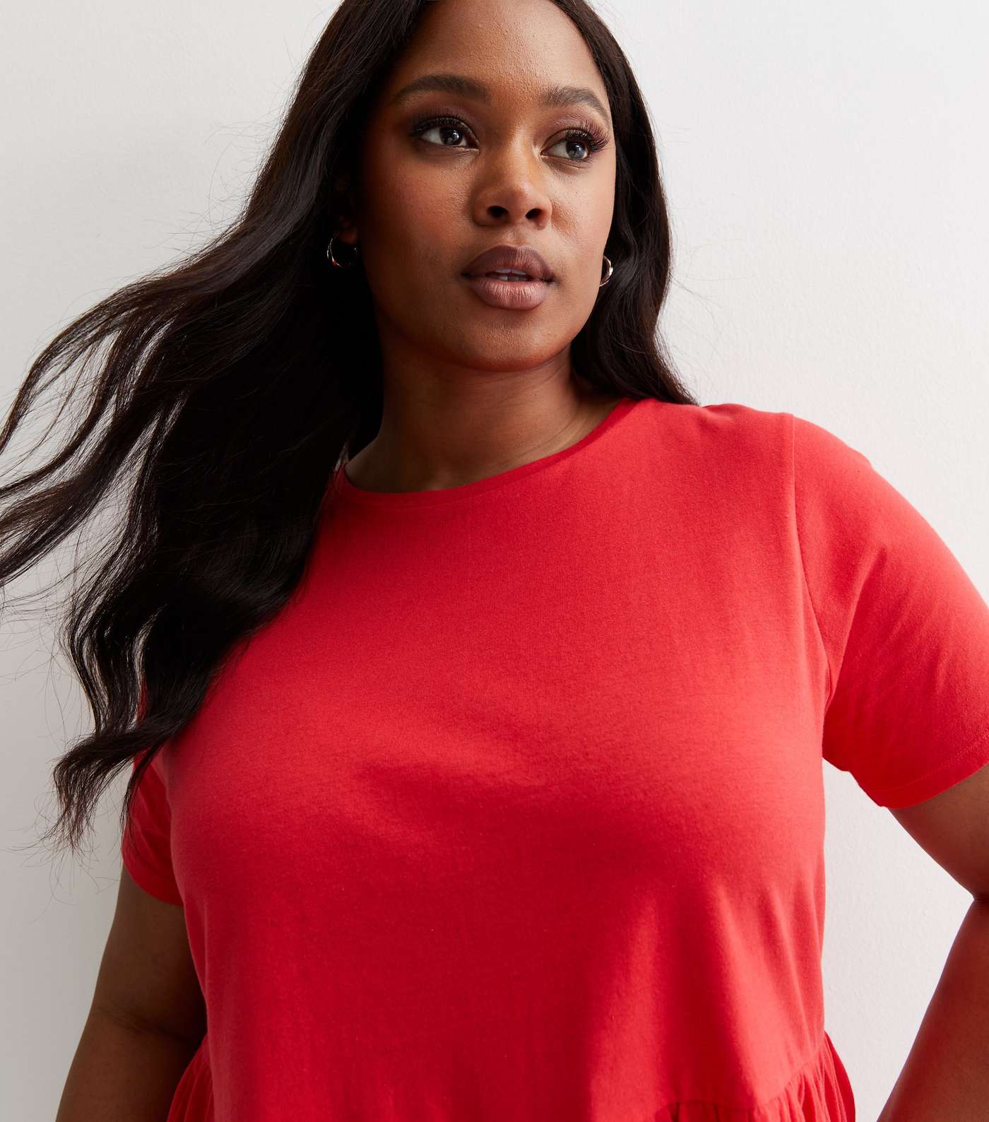 Curves Red Cotton Short Sleeve Peplum Top Image 2