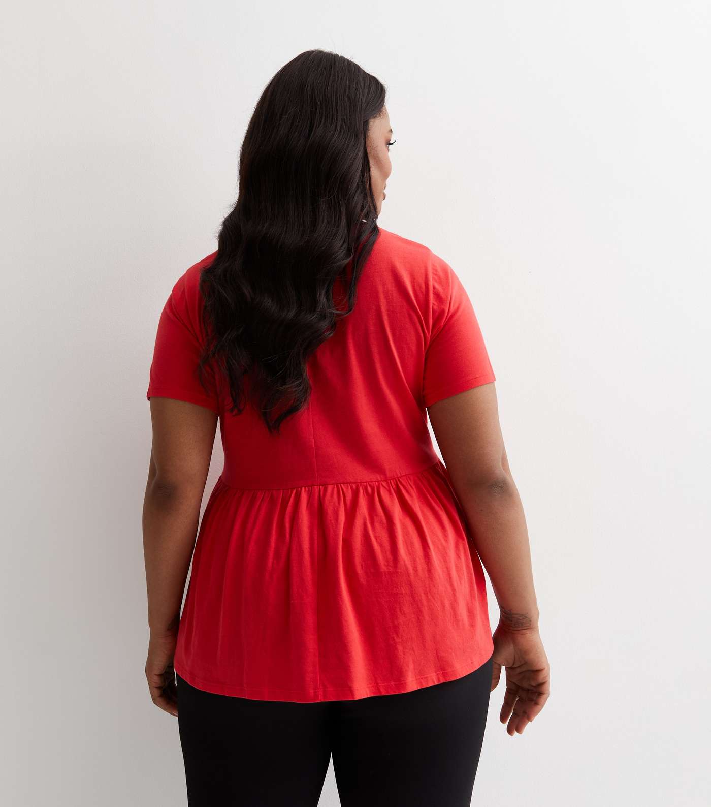 Curves Red Cotton Short Sleeve Peplum Top Image 4