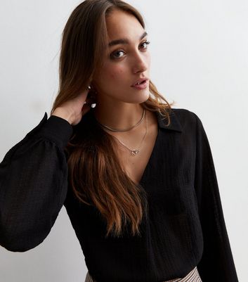 Black Textured Collared Long Sleeve Blouse | New Look