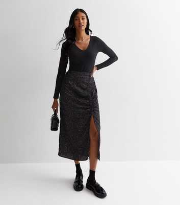 ONLY Black Glitter Ruched Split Hem Midi Skirt