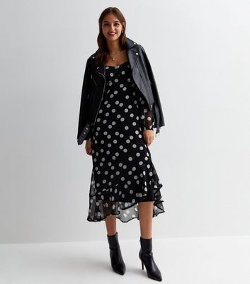 Black satin spot store ruffle midi dress