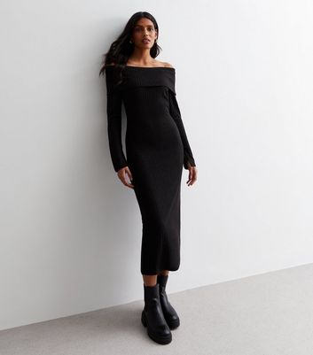 Black Ribbed Knit Bardot Long Sleeve Midi Dress New Look