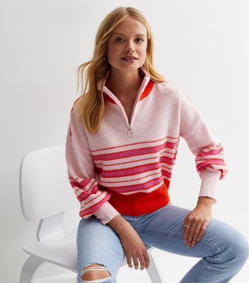 Sunshine Soul Pink Stripe Knit Zip Neck Jumper | New Look