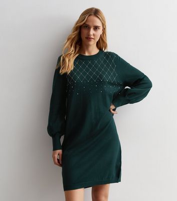 Sunshine Soul Dark Green Embellished Knit Mini Jumper Dress New Look