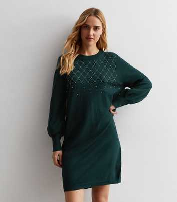 Sunshine Soul Dark Green Embellished Knit Mini Jumper Dress