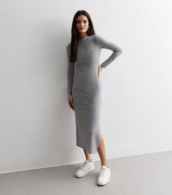 Grey Ribbed Knit Split Hem Bodycon Midaxi Dress New Look