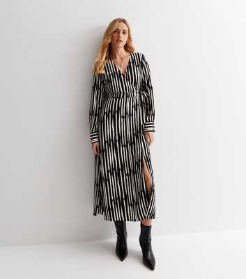 Black Stripe V Neck Wrap Split Hem Midi Dress