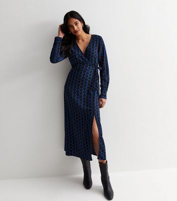 Blue Spot Long Sleeve Wrap Midi Dress New Look