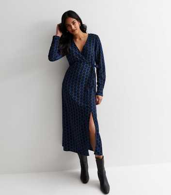 Blue Spot Long Sleeve Wrap Midi Dress
