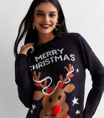 ONLY Navy Knit Reindeer Christmas Jumper