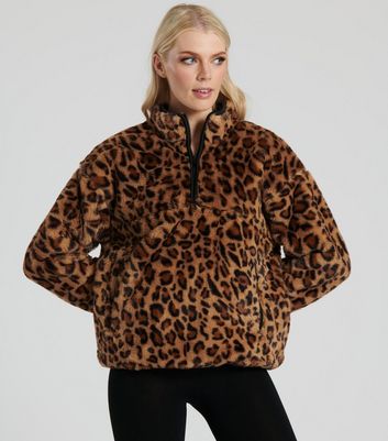 South Beach Brown Leopard Print Faux Fur Zip Neck Jumper New Look