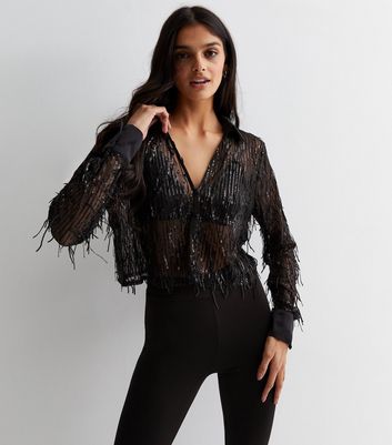 ONLY Black Sequin Long Sleeve Top New Look