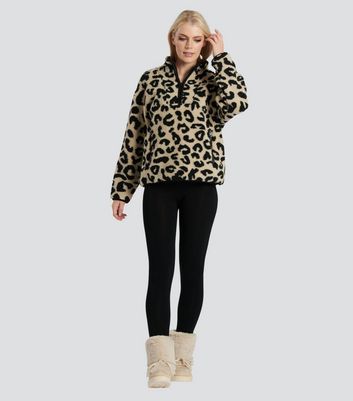 South Beach Brown Leopard Print Fleece Zip Neck Jumper New Look