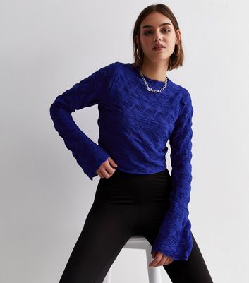 ONLY Blue Textured Jersey Long Sleeve Crop Top New Look