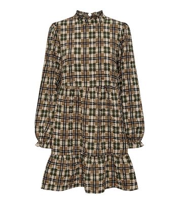 ONLY Brown Check Print Long Sleeve Tiered Mini Dress New Look