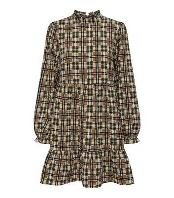 ONLY Brown Check Print Long Sleeve Tiered Mini Dress