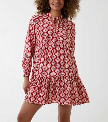 Blue Vanilla Red Geometric Print Tiered Hem Mini Dress