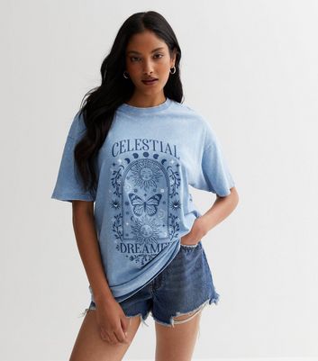 Blue Acid Wash Cotton Celestial Logo T-Shirt New Look