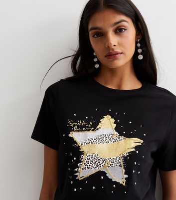 Black Cotton Sparkle All The Way Star Logo T-Shirt