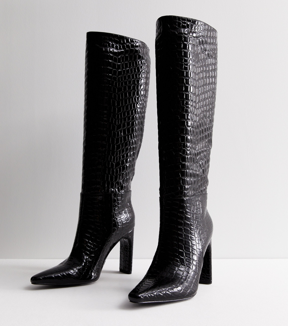 Women's Black Faux Croc Block Heel Knee High Boots Public Desire New Look