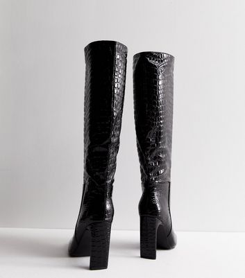 Public Desire Black Faux Croc Block Heel Knee High Boots New Look