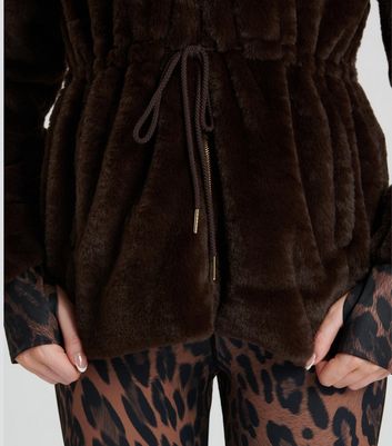 South Beach Dark Brown Faux Fur Drawstring Waist Jacket New Look