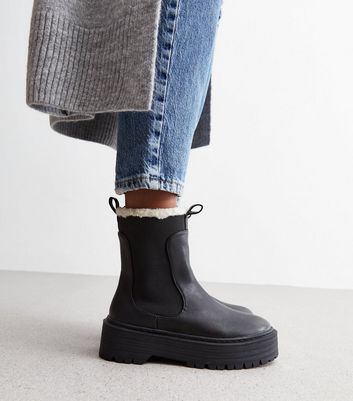 Public Desire Black Leather Look Chunky Teddy Lined Chelsea Boots New Look