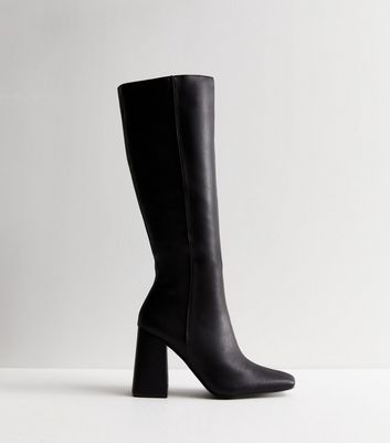 Public Desire Apology Black Faux Leather Block Heel Knee High Boots New Look