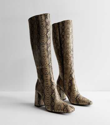 Public Desire Apology Brown Faux Snakeskin Block Heel Knee High Boots