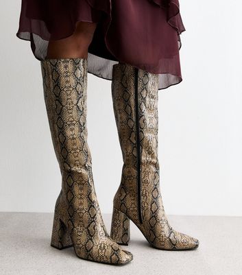 Public Desire Apology Brown Faux Snakeskin Block Heel Knee High Boots ...