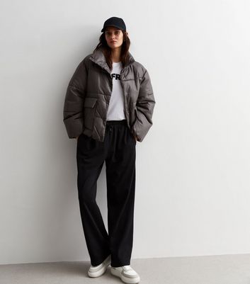 ONLY Grey Leather Look Oversized Puffer Jacket