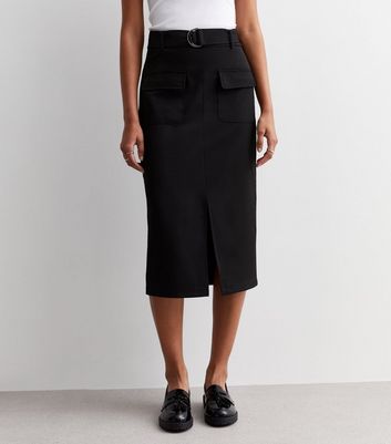Blue Vanilla Black Belted Split Hem Utility Midi Skirt New Look